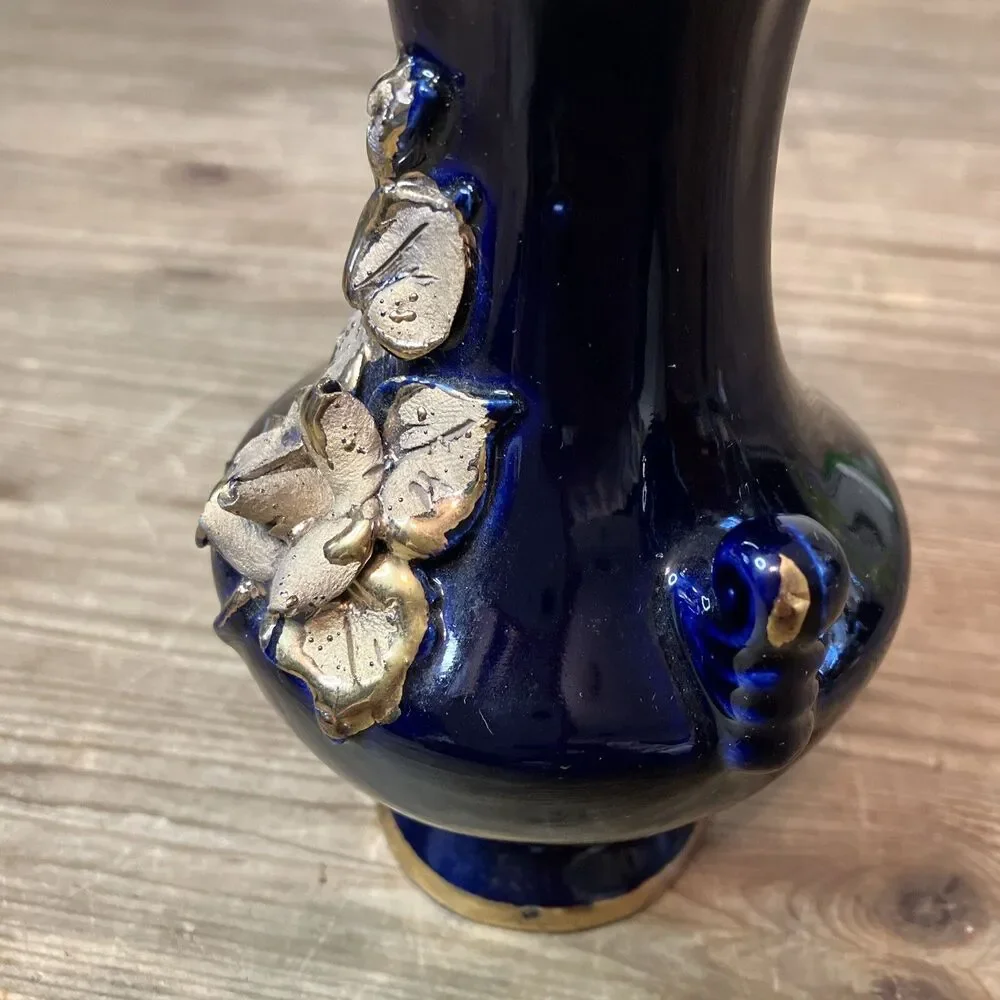 Vintage Cobalt Blue And Gold Bud Vase With Applied Gold Rose 6” Hand Painted
